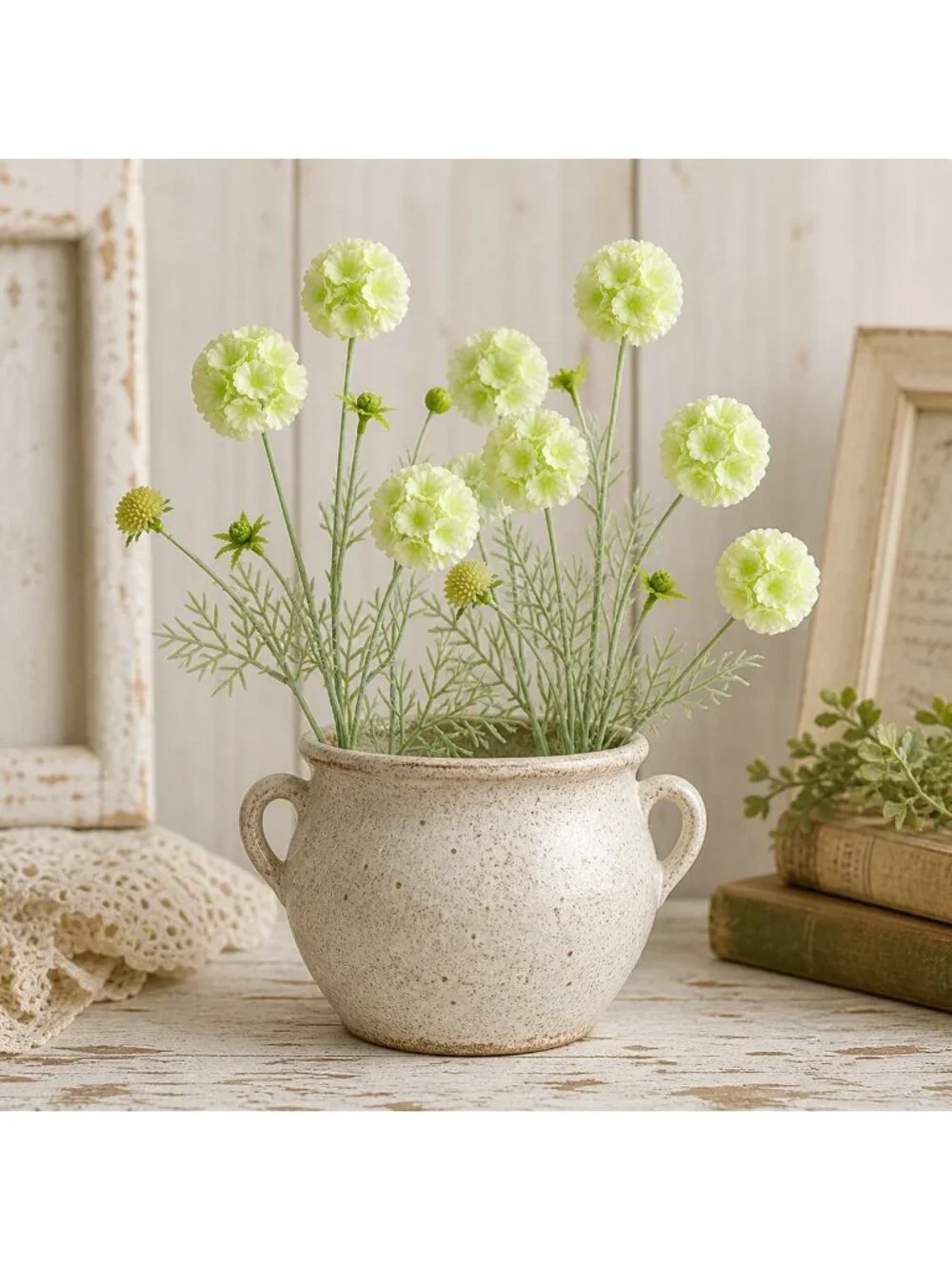 Scabiosa Flower Stems Green White Artificial Floral Filler